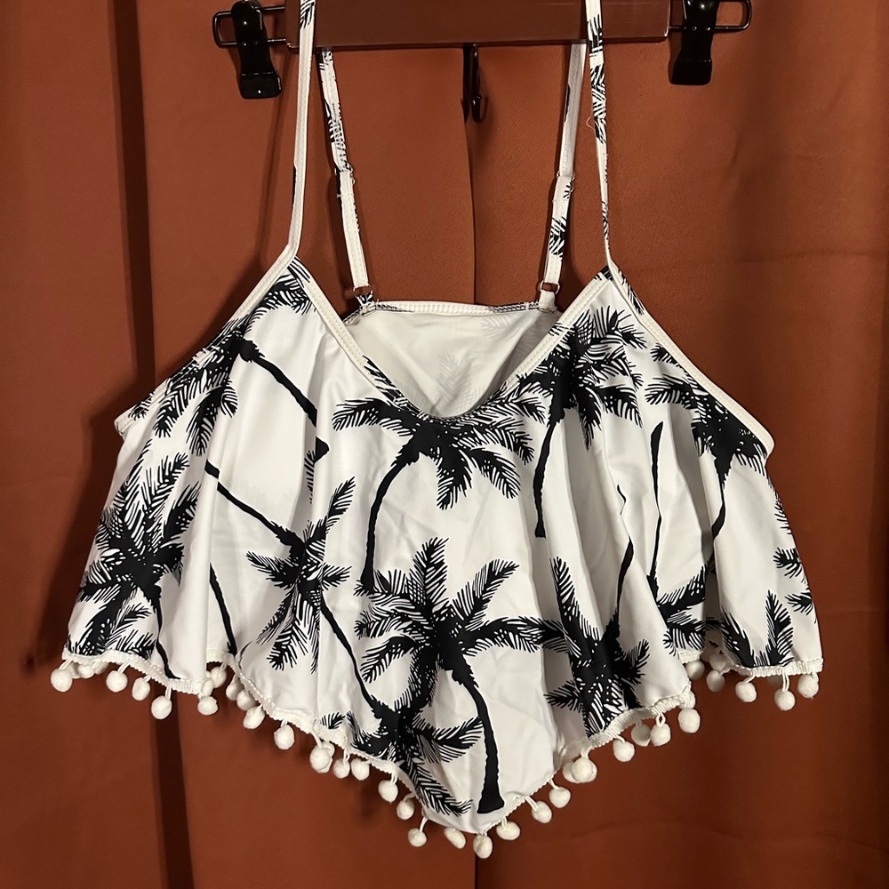 Black and white palm tree bathing suit top with bra underneath